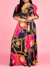 Plus Size Printed Patchwork V-Neck Tie Up Maxi Dress SH-390625