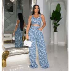 Sexy Denim Print Tank Tops And Pants Two Piece Set ZSD-0630