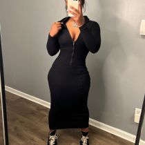 Solid Color Long Sleeve Zipper Hooded Maxi Dress YH-5314