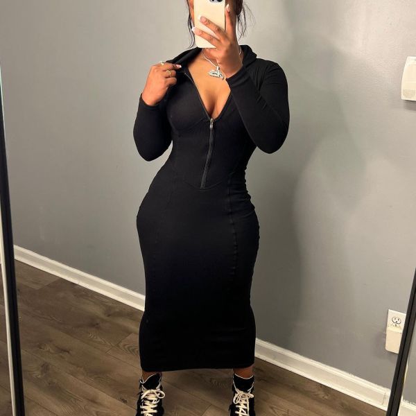 Solid Color Long Sleeve Zipper Hooded Maxi Dress YH-5314