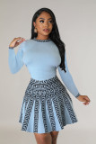Fashion Long Sleeve Print Knit Pleated Mini Dress OSM-4406