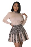 Fashion Long Sleeve Print Knit Pleated Mini Dress OSM-4406