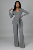 Solid Color Deep V Neck Micro Flare Pants Two Piece Set  XMY-9463