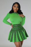 Fashion Long Sleeve Print Knit Pleated Mini Dress OSM-4406
