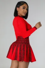 Fashion Long Sleeve Print Knit Pleated Mini Dress OSM-4406