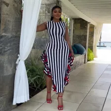 Plus Size Stripe Patchwork Print Sleeveless Maxi Dress NY-10625