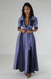 Contrast Color Short Sleeve Maxi Dress(With Waist Belt) XHXF-955