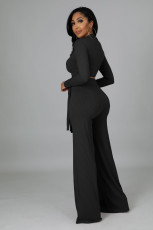 Solid Color Deep V Neck Micro Flare Pants Two Piece Set  XMY-9463