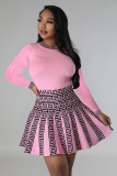 Fashion Long Sleeve Print Knit Pleated Mini Dress OSM-4406