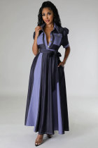 Contrast Color Short Sleeve Maxi Dress(With Waist Belt) XHXF-955
