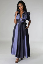 Contrast Color Short Sleeve Maxi Dress(With Waist Belt) XHXF-955