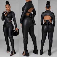Long Sleeve Tie Up Tops And Pant PU Leather 2 Piece Set LP-90125