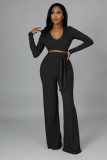 Solid Color Deep V Neck Micro Flare Pants Two Piece Set  XMY-9463