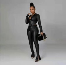 Long Sleeve Tie Up Tops And Pant PU Leather 2 Piece Set LP-90125