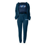 Padded Letter Print Hooded Sweatshirt Sport Three Piece Pants Set TK-002