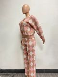 Knit Sweater Diamond Check Cardigan Two Piece Pants Set NYF-8153