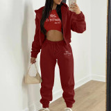 Padded Letter Print Hooded Sweatshirt Sport Three Piece Pants Set TK-002