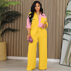 Fashion Color Block Long Sleeve Shirt Loose 2 Piece Set MIL-524