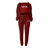 Padded Letter Print Hooded Sweatshirt Sport Three Piece Pants Set TK-002