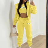 Padded Letter Print Hooded Sweatshirt Sport Three Piece Pants Set TK-002