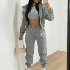 Padded Letter Print Hooded Sweatshirt Sport Three Piece Pants Set TK-002