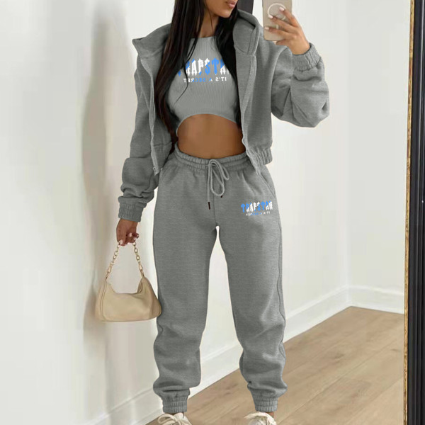 Padded Letter Print Hooded Sweatshirt Sport Three Piece Pants Set TK-002