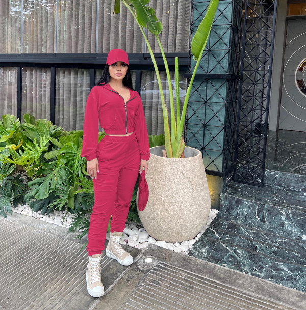Solid Color Hooded Zipper Coat And Pants Two Piece Set FENF-285