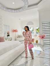Knit Sweater Diamond Check Cardigan Two Piece Pants Set NYF-8153