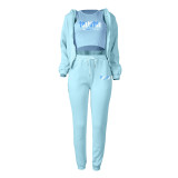 Padded Letter Print Hooded Sweatshirt Sport Three Piece Pants Set TK-002