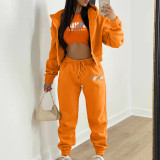 Padded Letter Print Hooded Sweatshirt Sport Three Piece Pants Set TK-002