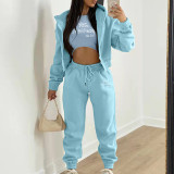 Padded Letter Print Hooded Sweatshirt Sport Three Piece Pants Set TK-002