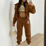 Padded Letter Print Hooded Sweatshirt Sport Three Piece Pants Set TK-002