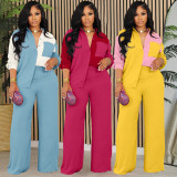 Fashion Color Block Long Sleeve Shirt Loose 2 Piece Set MIL-524