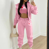 Padded Letter Print Hooded Sweatshirt Sport Three Piece Pants Set TK-002