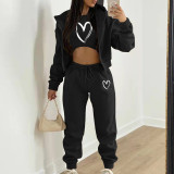 Padded Letter Print Hooded Sweatshirt Sport Three Piece Pants Set TK-002