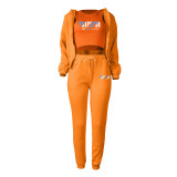 Padded Letter Print Hooded Sweatshirt Sport Three Piece Pants Set TK-002