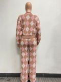 Knit Sweater Diamond Check Cardigan Two Piece Pants Set NYF-8153