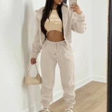 Padded Letter Print Hooded Sweatshirt Sport Three Piece Pants Set TK-002