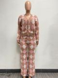 Knit Sweater Diamond Check Cardigan Two Piece Pants Set NYF-8153
