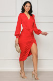 Long Sleeve V Neck Split Midi Dress XHXF-377