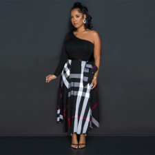 One Shoulder Printed Color Block Split Maxi Dress YF-10635