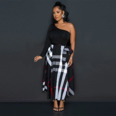 One Shoulder Printed Color Block Split Maxi Dress YF-10635