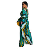 Print V Neck Tie Up Long Sleeve Jumpsuit NK-8631