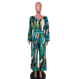 Print V Neck Tie Up Long Sleeve Jumpsuit NK-8631