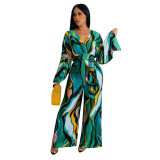 Print V Neck Tie Up Long Sleeve Jumpsuit NK-8631