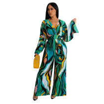 Print V Neck Tie Up Long Sleeve Jumpsuit NK-8631