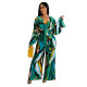 Print V Neck Tie Up Long Sleeve Jumpsuit NK-8631