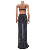 Sexy Mesh Hot Drill Bra And Split Long Skirt Nightclub 2 Piece Set GOSD-6878