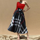 One Shoulder Printed Color Block Split Maxi Dress YF-10635