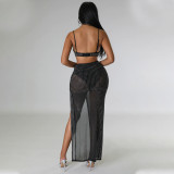 Sexy Mesh Hot Drill Bra And Split Long Skirt Nightclub 2 Piece Set GOSD-6878